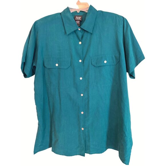 Jacque & KoKo All Silk Teal Button Up Shirt Size 14/16 - Picture 1 of 5